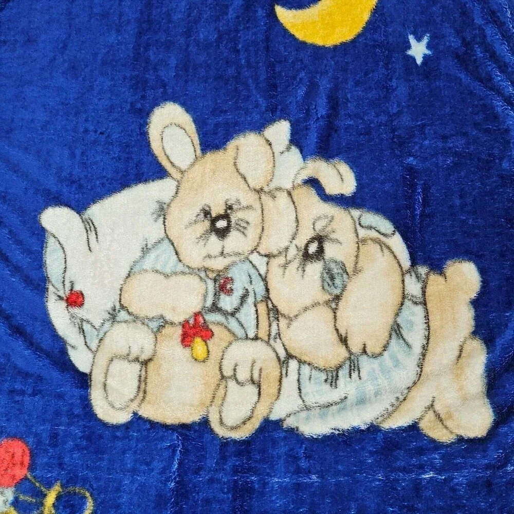 VTG Blue Blanket Sleeping Bunny Rabbits Moon Stars Rattle Acrylic Manterol? READ